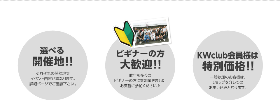 選べる開催地! ビギナーの方大歓迎! KWclub会員様は特別価格!
