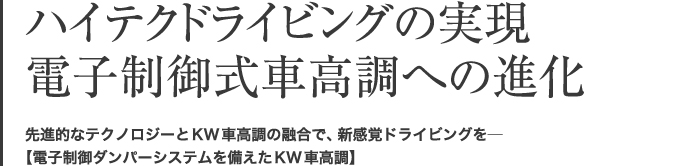 ハイテクドライビングの実現 電子制御式車高調への進化 先進的なテクノロジーとKW車高調の融合で、新感覚ドライビングを─【電子制御ダンパーシステムを備えたKW車高調】